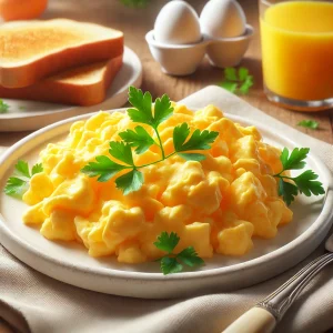 卵本来の色味が際立つスクランブルエッグとパセリの彩りが美しいモーニングセット
Bright yellow scrambled eggs with vibrant parsley on a plate in a colorful morning setting