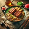 三枚肉と角煮がのった沖縄風ソーキそば、薬味とともに味わう郷土の味 Okinawan-style soki soba topped with braised pork belly and cartilage ribs, served with condiments