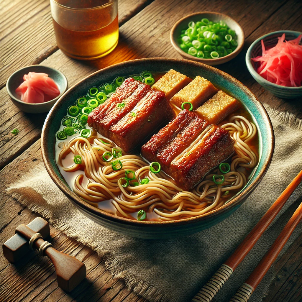 三枚肉と角煮がのった沖縄風ソーキそば、薬味とともに味わう郷土の味 Okinawan-style soki soba topped with braised pork belly and cartilage ribs, served with condiments