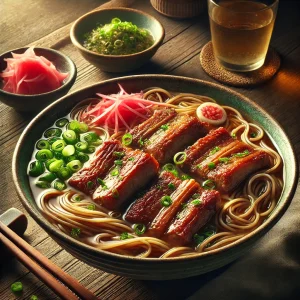 紅しょうがと青ねぎを添えたボリュームたっぷりのソーキそば、食欲そそる盛り付け Hearty soki soba garnished with pickled ginger and green onions, presented in an appetizing style