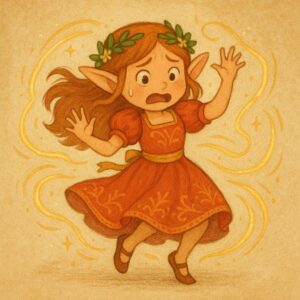 ダンス魔法で止まれなくなり困っている踊り子のかわいい女の子エルフのイラスト。/
An illustration of a cute elf girl dancer unable to stop and struggling due to her own dance magic.