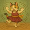 ダンス魔法で止まれなくなり困っている踊り子の三毛猫のイラスト。/ An illustration of a dancer calico cat unable to stop and struggling due to her own dance magic.