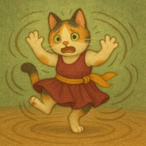 ダンス魔法で止まれなくなり困っている踊り子の三毛猫のイラスト。/ An illustration of a dancer calico cat unable to stop and struggling due to her own dance magic.
