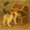 宝箱に頭を突っ込んで抜けなくなってしまったトレジャーハンター三毛猫のイラスト。/ An illustration of a treasure hunter calico cat getting its head stuck in a treasure chest.