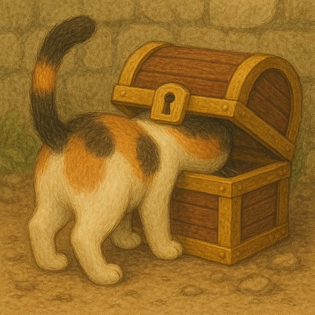 宝箱に頭を突っ込んで抜けなくなってしまったトレジャーハンター三毛猫のイラスト。/ An illustration of a treasure hunter calico cat getting its head stuck in a treasure chest.