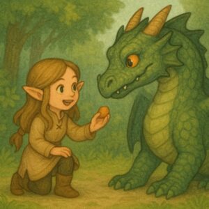 ドラゴンにおやつをあげて仲良くなろうとする竜使いのかわいい女の子エルフのイラスト。/
An illustration of a cute elf girl dragon tamer offering snacks to befriend a dragon.