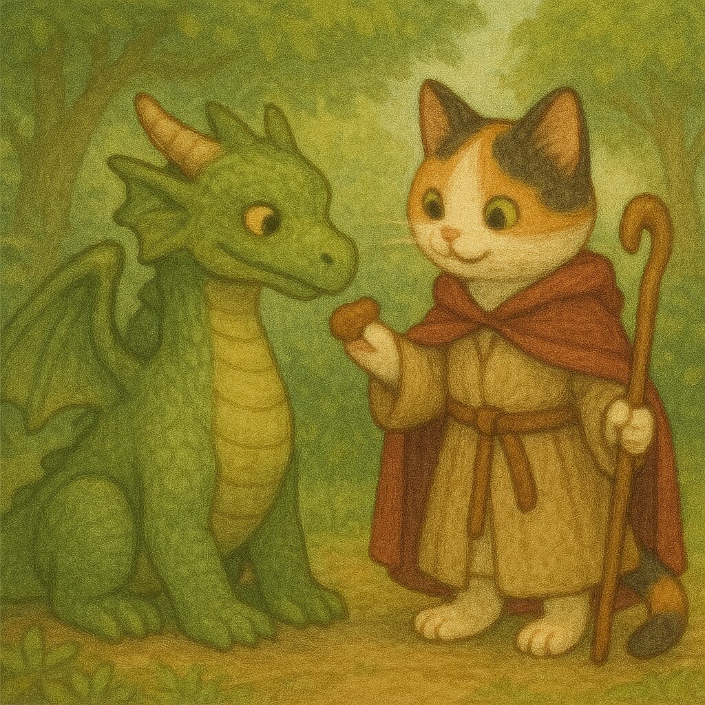 ドラゴンにおやつをあげて仲良くなろうとする竜使いの三毛猫のイラスト。/ An illustration of a dragon tamer calico cat offering snacks to befriend a dragon.