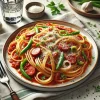 ソーセージとピーマンが彩るケチャップ仕立てのナポリタン、粉チーズが香る一皿 Japanese ketchup-based pasta with sausages and bell peppers, topped with fragrant grated cheese