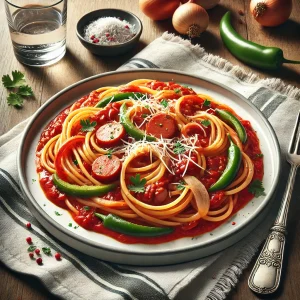 野菜とソーセージがたっぷり入ったナポリタン、レトロ感あふれる洋食スタイル Hearty Japanese-style pasta with sausages and vegetables, served in a nostalgic yoshoku presentation