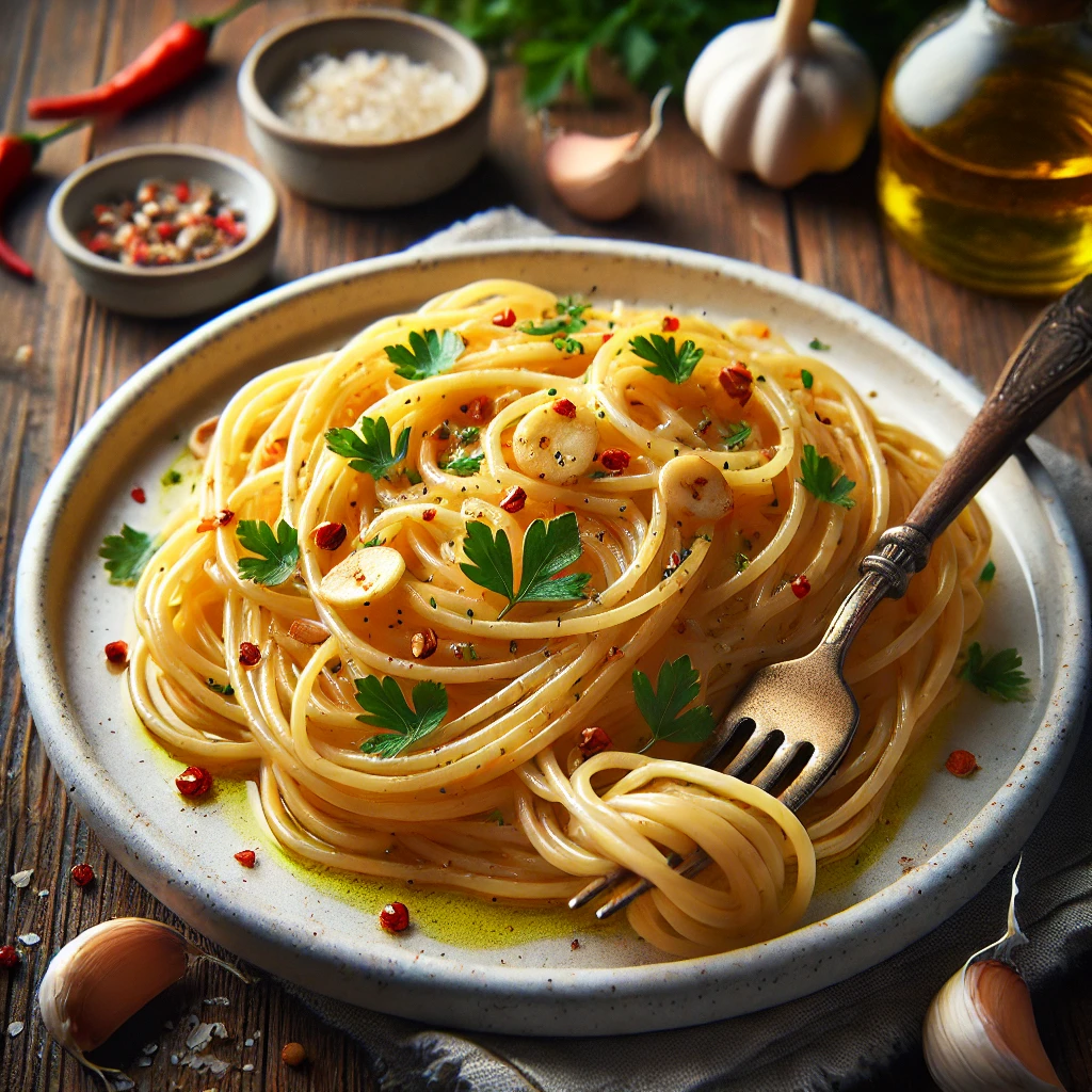 にんにくとオリーブオイル、パセリが彩るアーリオ・エ・オーリオのパスタが美しく盛られた料理写真 A beautifully plated pasta aglio e olio dish garnished with garlic, olive oil, and parsley