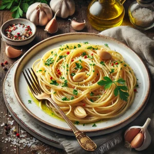 ガーリックチップや赤唐辛子、パセリが添えられた本格的なアーリオ・エ・オーリオの一皿
Authentic pasta aglio e olio with garlic chips, chili flakes, and fresh parsley on a rustic plate