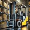 倉庫内に停車している黄色いフォークリフトの前面ビュー Front view of a yellow forklift parked inside a warehouse