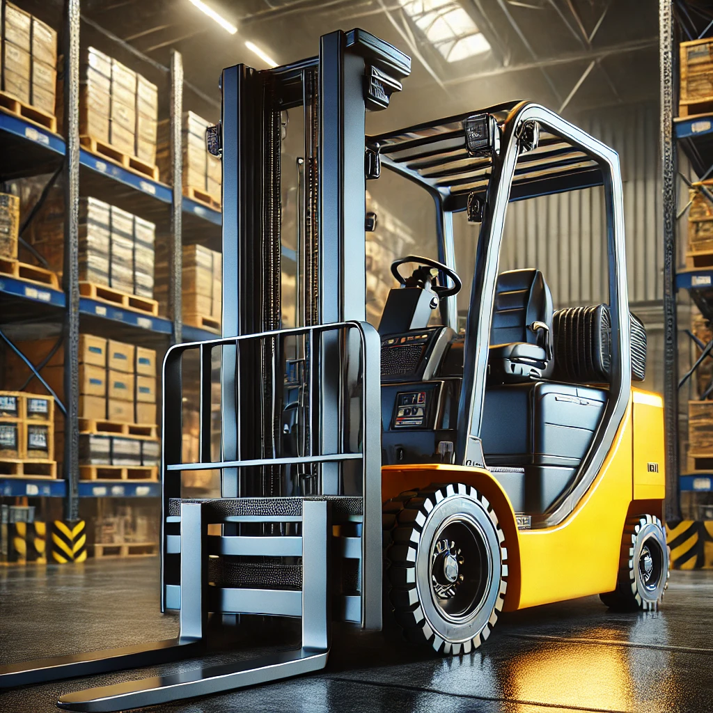 倉庫内に停車している黄色いフォークリフトの前面ビュー Front view of a yellow forklift parked inside a warehouse