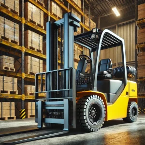 パレット棚の間にある黄色いフォークリフトの斜め後方ビュー
Rear angled view of a yellow forklift between pallet racks in a warehouse