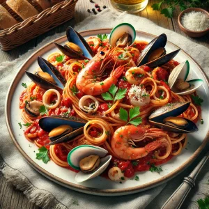 エビやムール貝、アサリ、イカがふんだんに盛られた彩り豊かなペスカトーレ・パスタの一皿
Vibrant plate of pescatore pasta topped generously with shrimp, mussels, clams, and squid