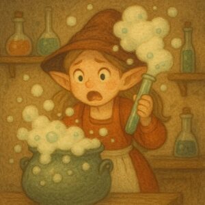 ポーションを混ぜすぎて泡だらけになってしまった錬金術師のかわいい女の子エルフのイラスト。/
An illustration of a cute elf girl alchemist covered in bubbles after overmixing potions.