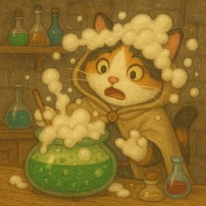 ポーションを混ぜすぎて泡だらけになってしまった錬金術師の三毛猫のイラスト。/ An illustration of an alchemist calico cat covered in bubbles after overmixing potions.