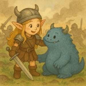 モンスター退治の最中にモンスターと友情を築く戦士のかわいい女の子エルフのイラスト。/
An illustration of a cute elf girl warrior forming a friendship with a monster during battle.