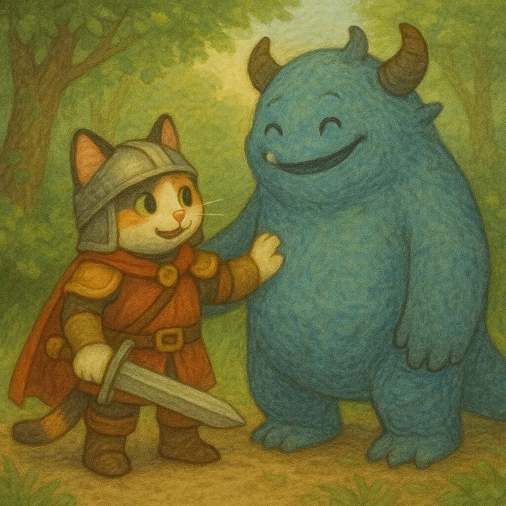 モンスター退治の最中にモンスターと友情を築く戦士の三毛猫のイラスト。/ An illustration of a warrior calico cat forming a friendship with a monster during battle.