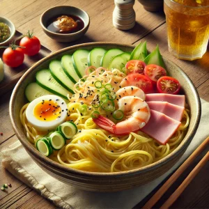 エビやゆで卵、野菜がたっぷりの冷やし中華、清涼感とボリュームのある盛り付け Hiyashi chuka with shrimp, egg, and fresh vegetables, offering a cool and satisfying combination