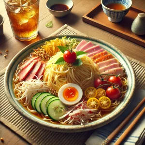 彩り豊かな具材が放射状に盛り付けられた冷やし中華、爽やかな夏の一皿 Chilled Chinese noodles beautifully arranged with colorful toppings in a refreshing summer presentation