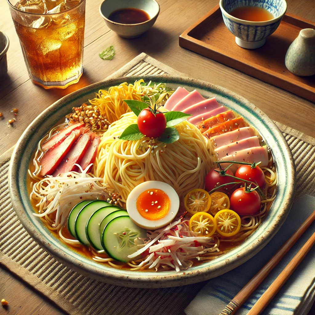 彩り豊かな具材が放射状に盛り付けられた冷やし中華、爽やかな夏の一皿 Chilled Chinese noodles beautifully arranged with colorful toppings in a refreshing summer presentation