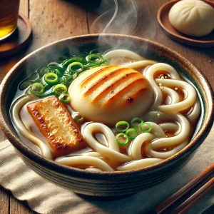 丸餅と角餅が入った熱々のうどん、湯気と共に立ち上るだしの香りが印象的 Steaming hot udon with both round and square grilled mochi, exuding a comforting dashi aroma