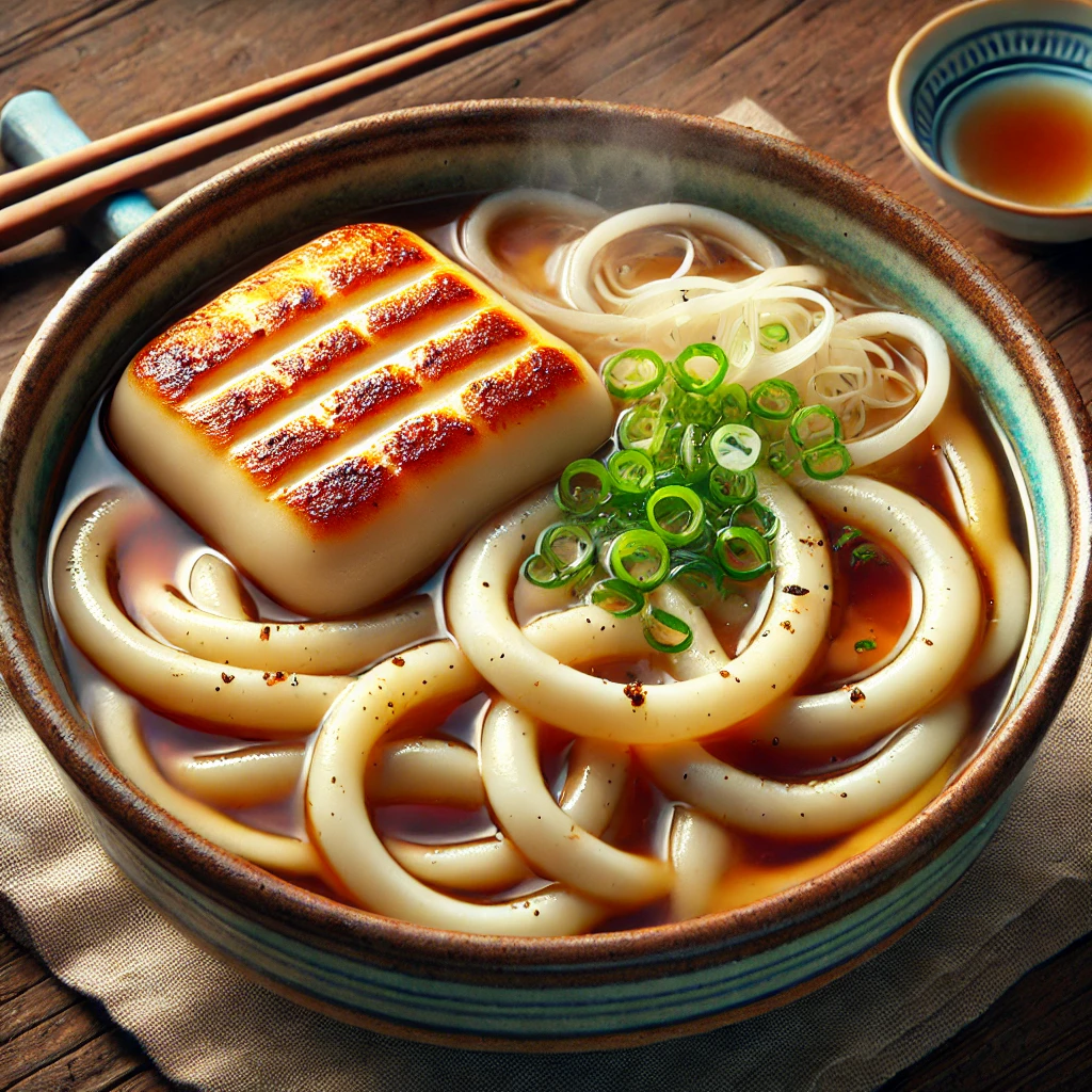 香ばしく焼かれた餅が浮かぶ関西風のうどん、青ねぎと澄んだだしが調和する一杯 Kansai-style udon with grilled rice cake, balanced by clear broth and fresh green onions