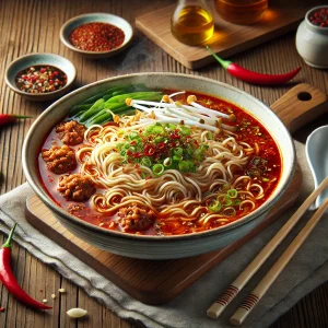 たっぷりの唐辛子とにんにく、シャキシャキのもやしが乗った刺激的な台湾ラーメン Fiery Taiwan ramen topped with minced meat, garlic, bean sprouts, and red chili flakes