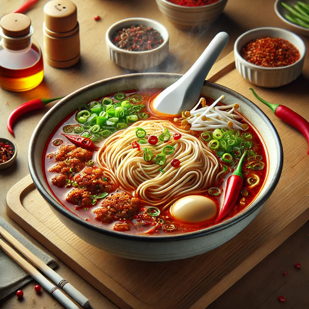 唐辛子とひき肉が効いたピリ辛台湾ラーメン、ゆで卵とネギをトッピング Spicy Taiwan ramen with ground meat, chili peppers, green onions, and a boiled egg