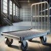 広々とした倉庫内に置かれた金属製の大型台車 A large metal trolley placed in a spacious warehouse