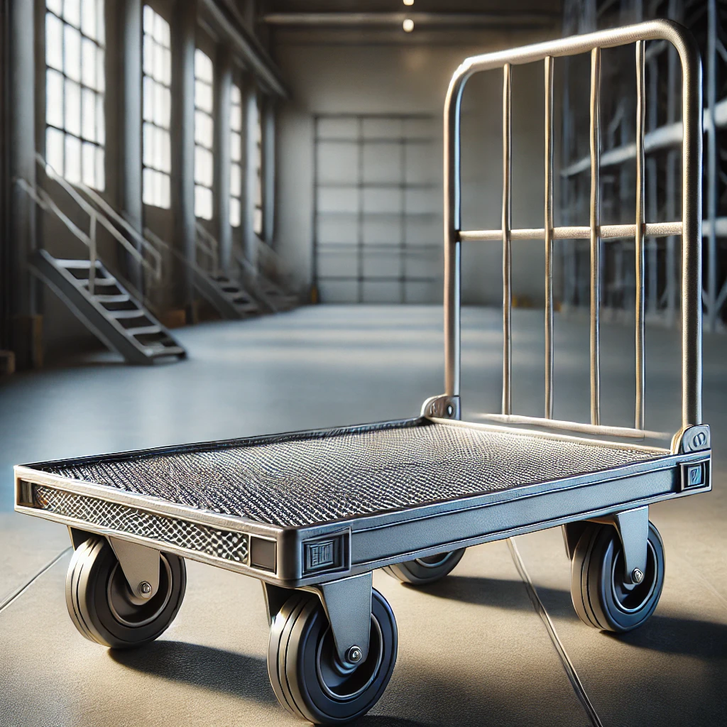 広々とした倉庫内に置かれた金属製の大型台車 A large metal trolley placed in a spacious warehouse