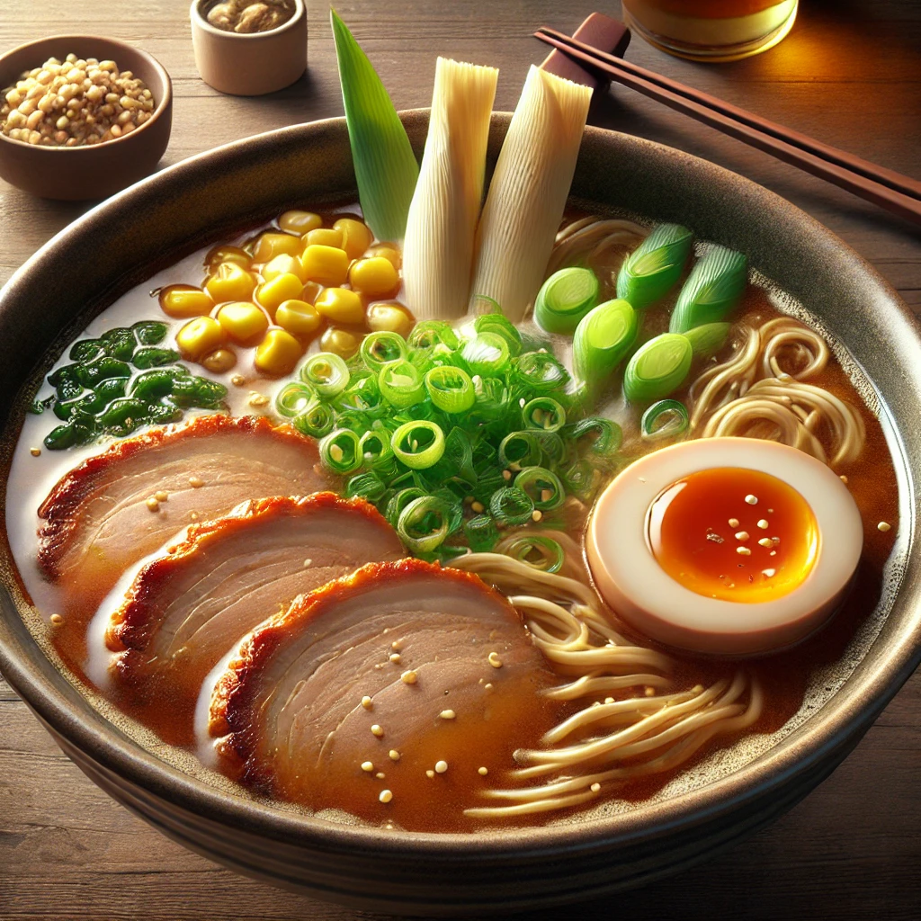 白ネギとチャーシューがたっぷり乗った濃厚味噌ラーメン、深みあるスープが食欲をそそる Rich miso ramen topped with generous slices of chashu and green onions, served in a deep savory broth