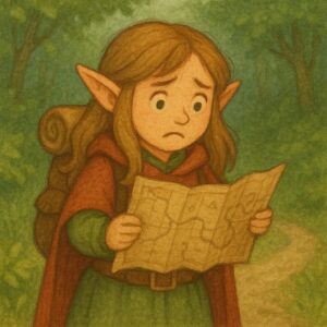 地図を読むのが苦手で毎回迷子になってしまう旅人のかわいい女の子エルフのイラスト。/
An illustration of a cute elf girl traveler who always gets lost because she can't read maps.