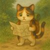 地図を読むのが苦手で毎回迷子になってしまう旅人の三毛猫のイラスト。/ An illustration of a traveler calico cat who always gets lost because she can't read maps.