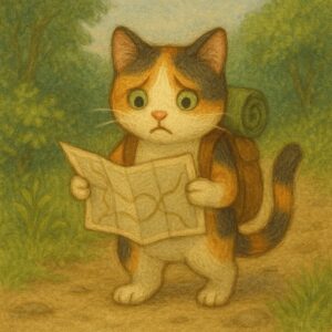地図を読むのが苦手で毎回迷子になってしまう旅人の三毛猫のイラスト。/ An illustration of a traveler calico cat who always gets lost because she can't read maps.