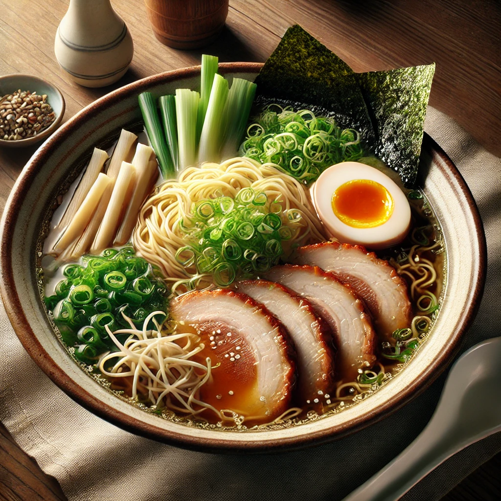 透き通るスープにチャーシューや味玉が彩りを添える塩ラーメン、あっさりとした一杯 Clear broth shio ramen topped with chashu, soft-boiled egg, and scallions for a light and flavorful dish