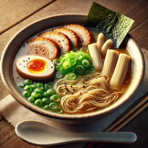 黄金色のスープが美しい塩ラーメン、ねぎとメンマの食感が際立つ構成 Shio ramen with golden-hued broth, highlighting the textures of green onions and bamboo shoots