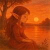 夕焼けの湖のほとりに座り、穏やかな表情で水面を見つめるエルフの少女の幻想的な姿 A dreamy scene of an elf girl sitting by a sunset lake, gazing peacefully at the glowing water