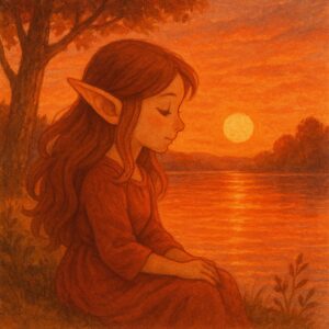 夕焼けの湖のほとりに座り、穏やかな表情で水面を見つめるエルフの少女の幻想的な姿 A dreamy scene of an elf girl sitting by a sunset lake, gazing peacefully at the glowing water