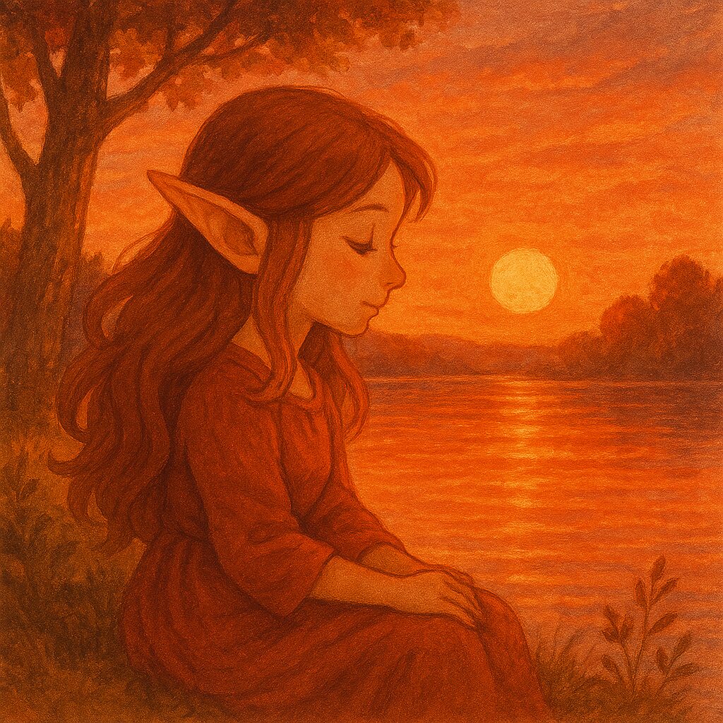 夕焼けの湖のほとりに座り、穏やかな表情で水面を見つめるエルフの少女の幻想的な姿 A dreamy scene of an elf girl sitting by a sunset lake, gazing peacefully at the glowing water