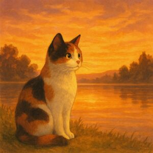 夕焼けに照らされた湖のほとりに座り、静かに遠くを見つめる三毛猫の幻想的な姿
A calico cat sitting by a lakeside bathed in sunset light, gazing quietly into the distance