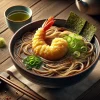 大ぶりな海老天がのった天ぷらそば、青ねぎと海苔が香りを引き立てる一杯 Tempura soba with a large shrimp tempura, topped with green onions and nori for added aroma