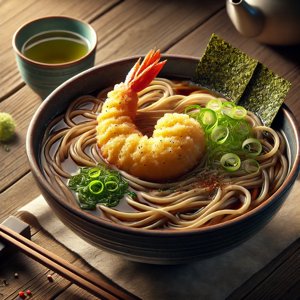 大ぶりな海老天がのった天ぷらそば、青ねぎと海苔が香りを引き立てる一杯 Tempura soba with a large shrimp tempura, topped with green onions and nori for added aroma