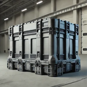 ライトグレーの背景に置かれた大型の工業用プラスチックコンテナ
A large industrial plastic container placed against a light gray warehouse background