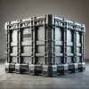頑丈な黒色の工業用プラスチックコンテナが倉庫内の床に設置されている A sturdy black industrial plastic container placed on the warehouse floor