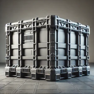 頑丈な黒色の工業用プラスチックコンテナが倉庫内の床に設置されている
A sturdy black industrial plastic container placed on the warehouse floor