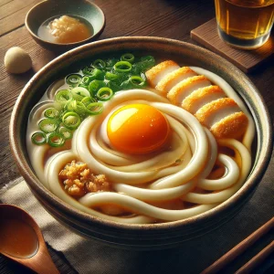 厚切りの揚げと生卵が印象的な月見うどん、家庭的な温かさが感じられる一杯 Comforting bowl of tsukimi udon with thick fried tofu slices and a glowing raw egg yolk