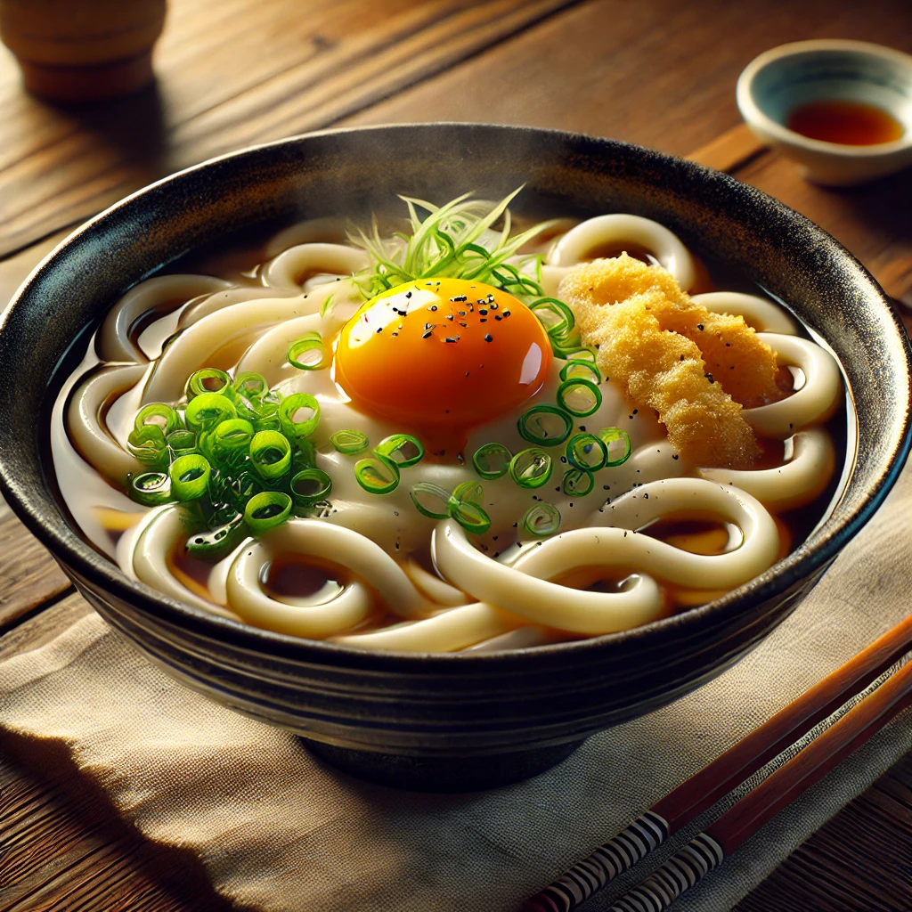 とろりとした生卵が中央にのった月見うどん、青ねぎと天かすが彩りを添える Tsukimi udon with a raw egg yolk in the center, garnished with green onions and tempura flakes