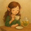 木のテーブルに座ったエルフの少女がハーブティーをゆったりと味わい、ポットとカップが並ぶ穏やかな情景 An elf girl sitting at a wooden table enjoying herbal tea, with a teapot and cup creating a peaceful scene